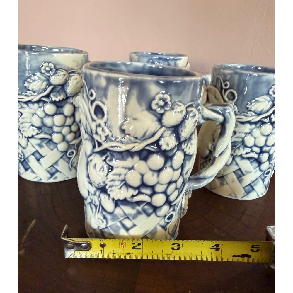 Vintage Blue White Embossed Fruit Basketweave Ceramic Mugs Set of 4 Cottagecore - Picture 3 of 6